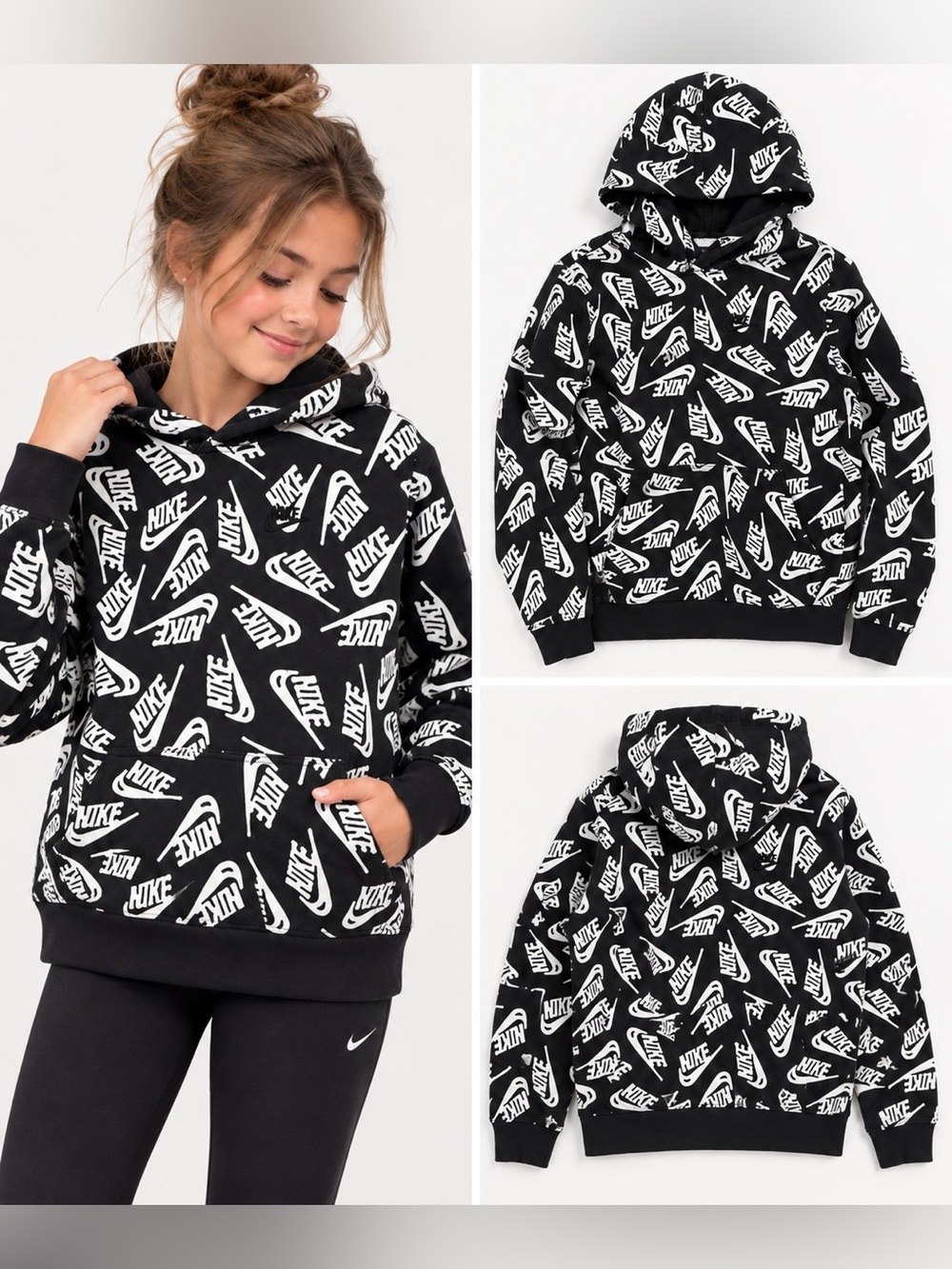 Nike Sportswear Allover Swoosh Logo Fleece Hoodie Black White Youth L